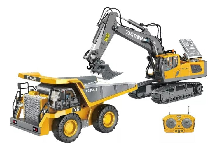 Kit Escavadeira E Caminhão Controle Remoto Recarregável Cor Amarelo