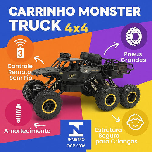 Carro De Controle Remoto 4x4 Off Road Grande 6 Rodas Luz Led